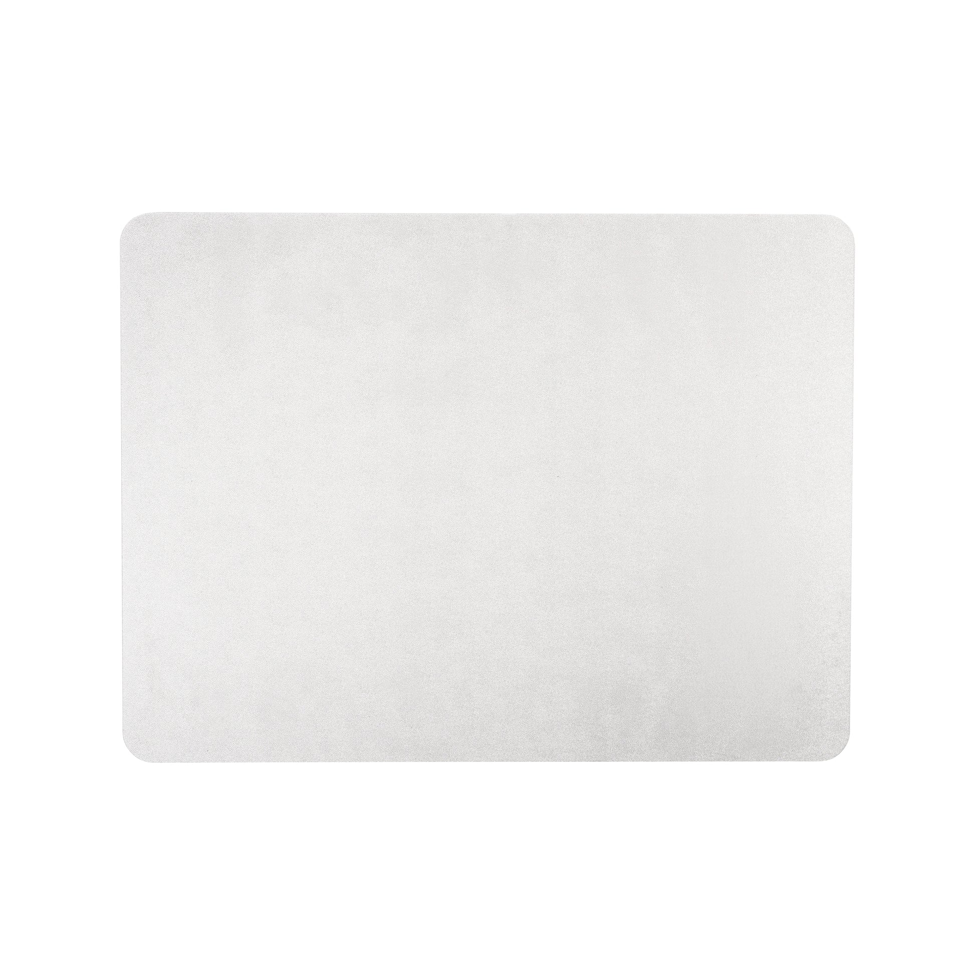 A clear rectangular polycarbonate chair mat with a textured top surface, designed for use on standard pile carpets.