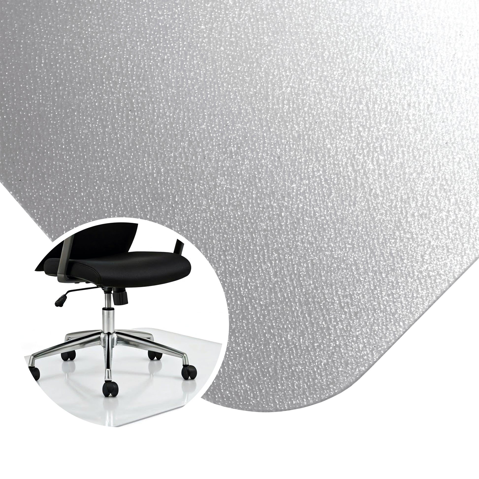 Close-up of the corner of the Premium Polycarbonate Chair Mat – For Hard Floors showing the textured surface, with a small circular lifestyle image inset.