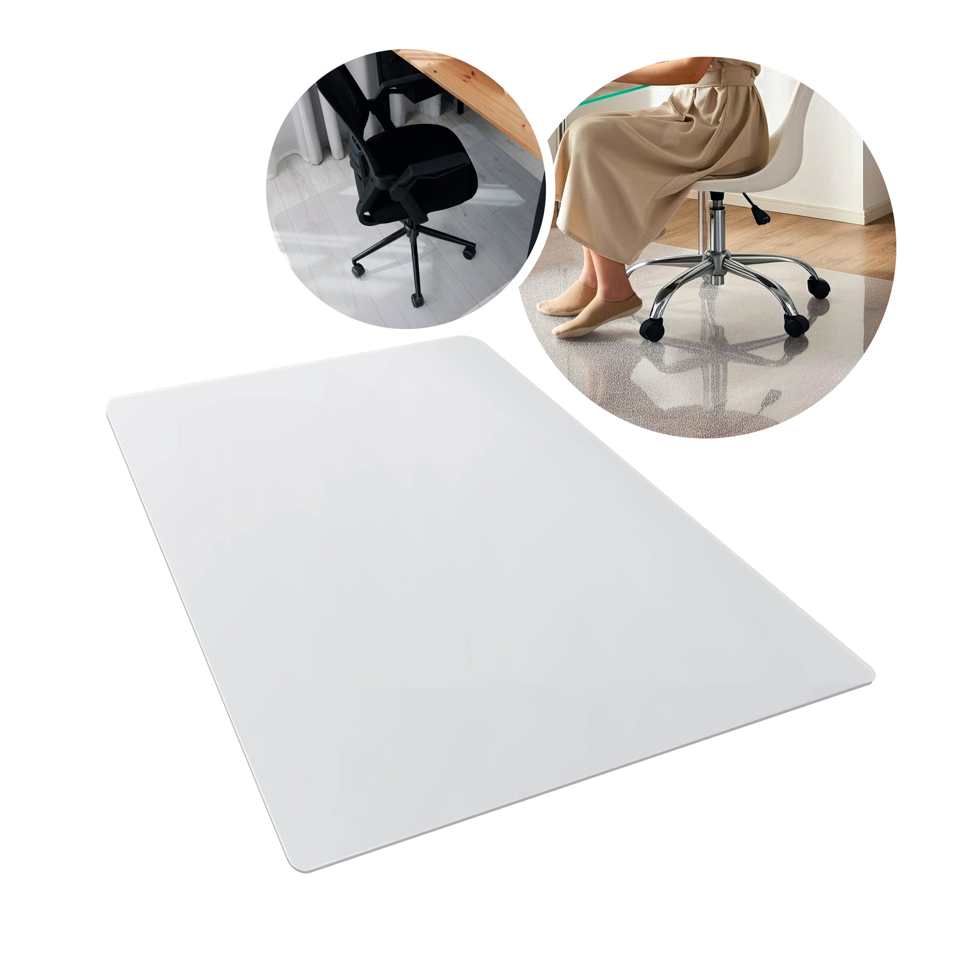 A rectangular, clear chair mat made of polycarbonate material, displayed on a floor with a chair on top of it. There's a person seated on the chair in the background.