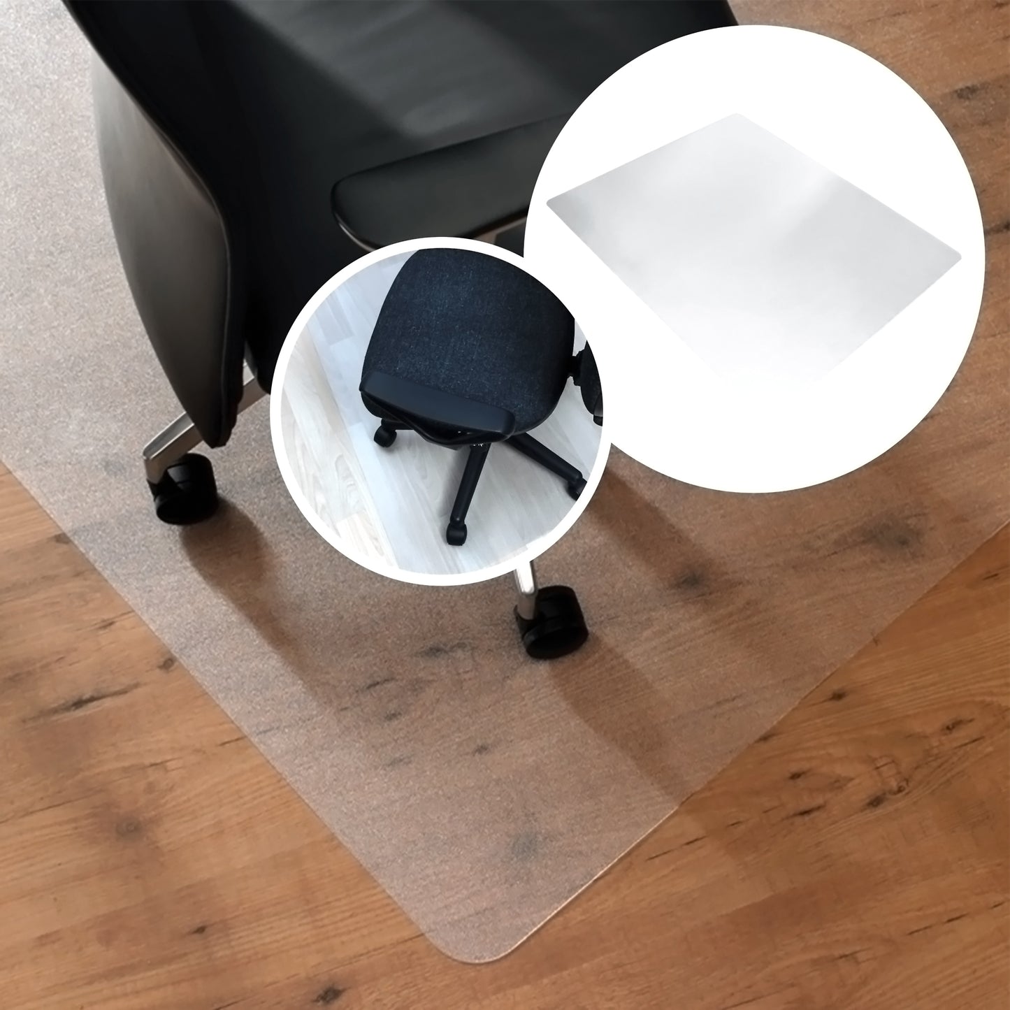 Close-up of the Premium Polycarbonate Chair Mat – For Hard Floors on a hard floor with a caster chair, featuring two circular insets: one showing the mat on a white background and one lifestyle image of the mat in use.