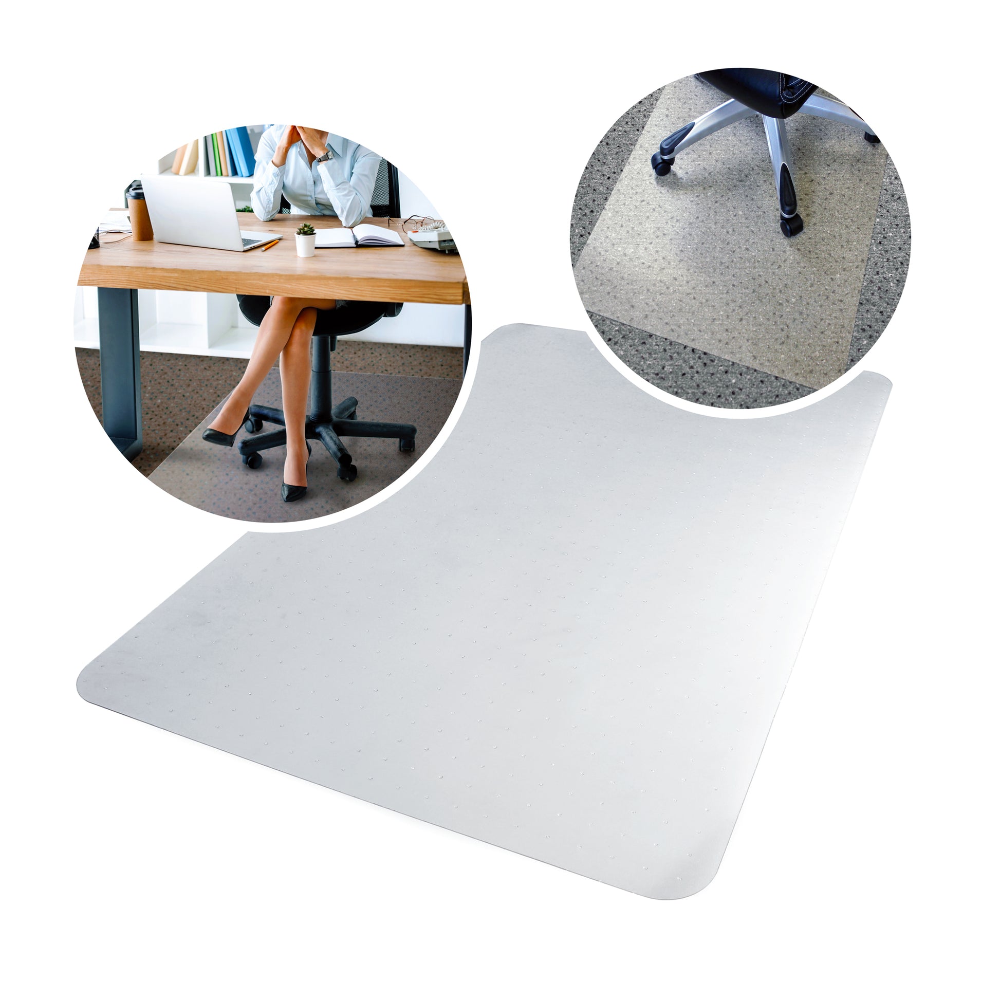 Universal PVC Chair Mat – For Low Pile Carpets displayed on a white background with two circular insets: a lifestyle image of a woman using the chair mat at her office desk and a close-up detail shot of the mat on carpet.
