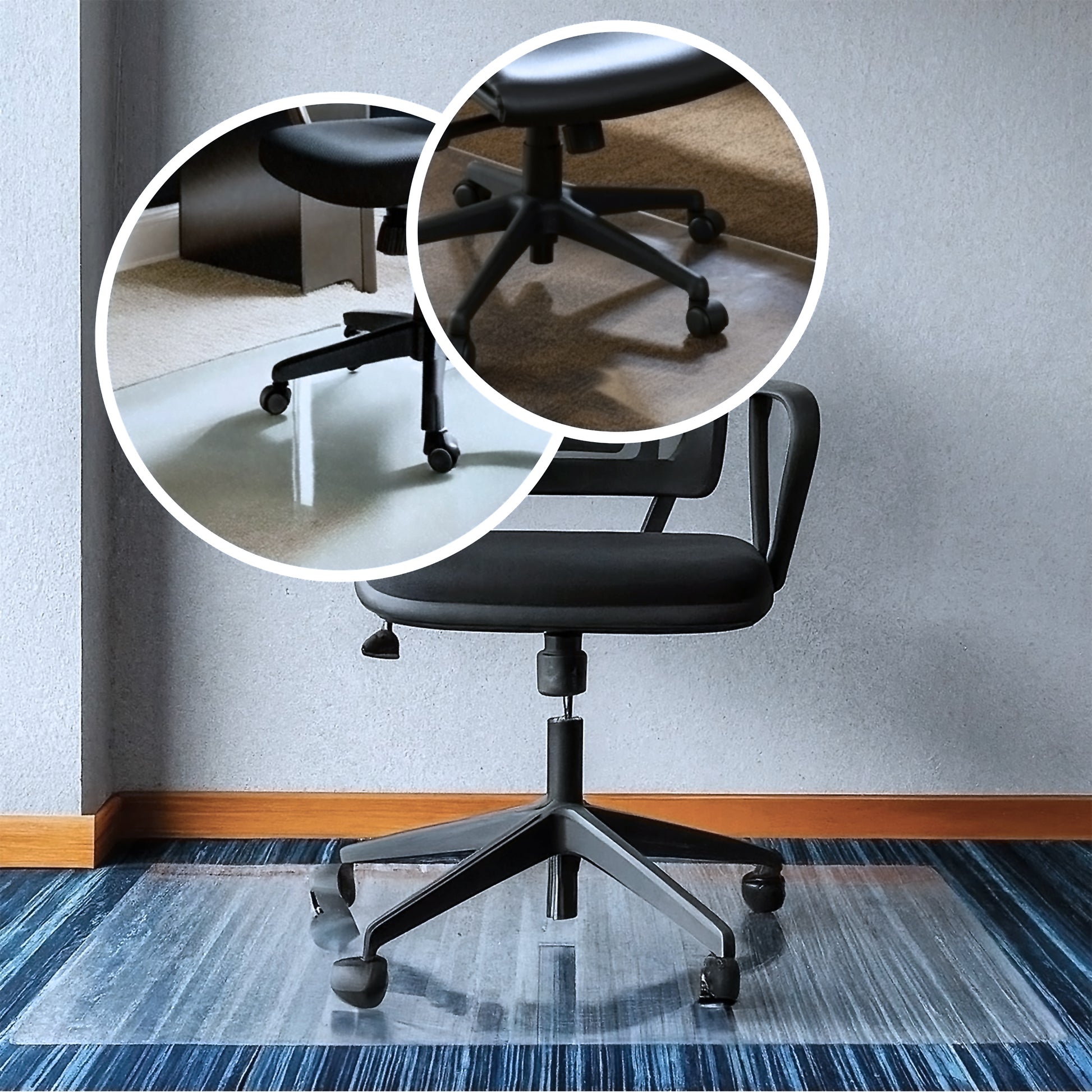 A clear vinyl chair mat is shown in use on a carpeted floor with a chair on top of it, highlighting the product's function and material.