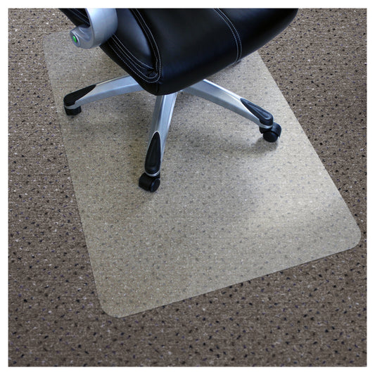 Lifestyle image of the Universal PVC Chair Mat – For Low Pile Carpets on carpet with a caster-wheel office chair positioned on top.