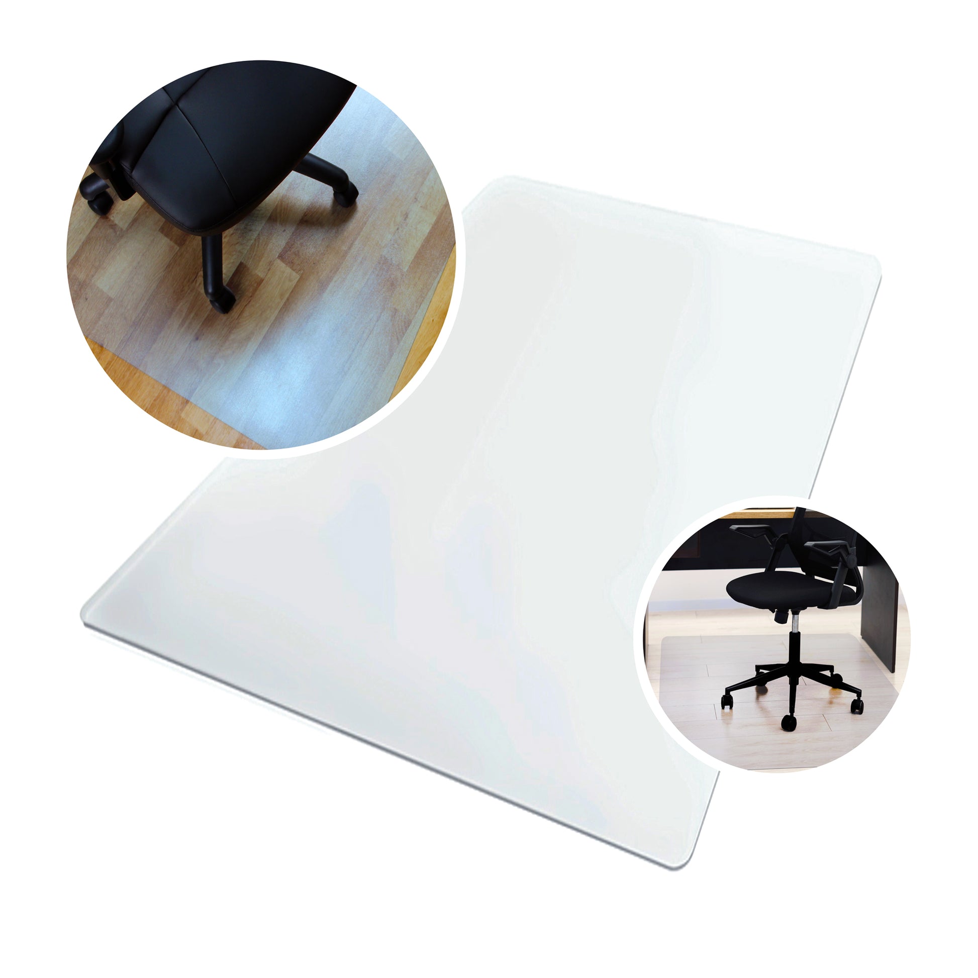 Universal PVC Chair Mat – For Hard Floors on a white background, featuring two circular insets showing lifestyle images of the mat in use under office chairs.
