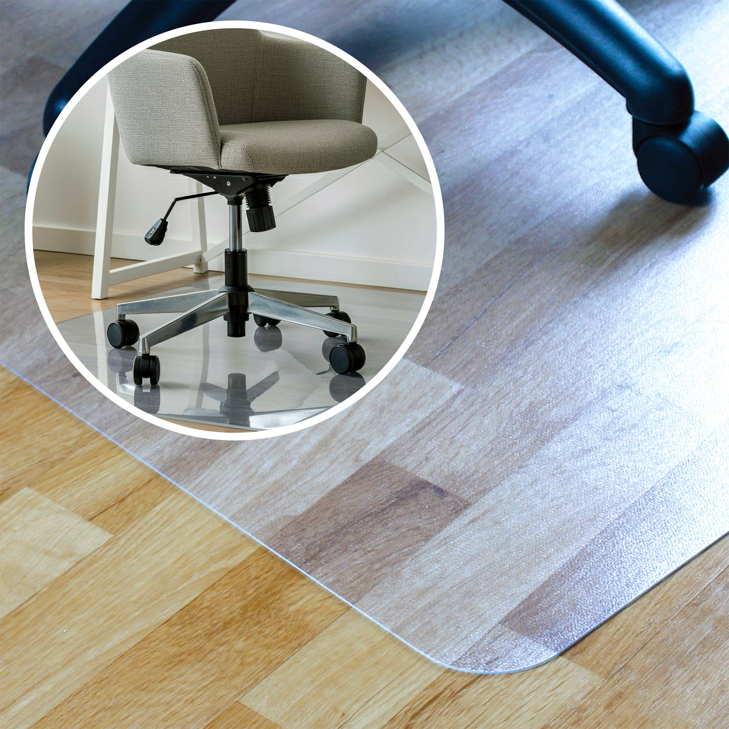 Lifestyle close-up of the Universal PVC Chair Mat – For Hard Floors on a hard floor, with a circular inset showing an alternative lifestyle image of the mat in use.