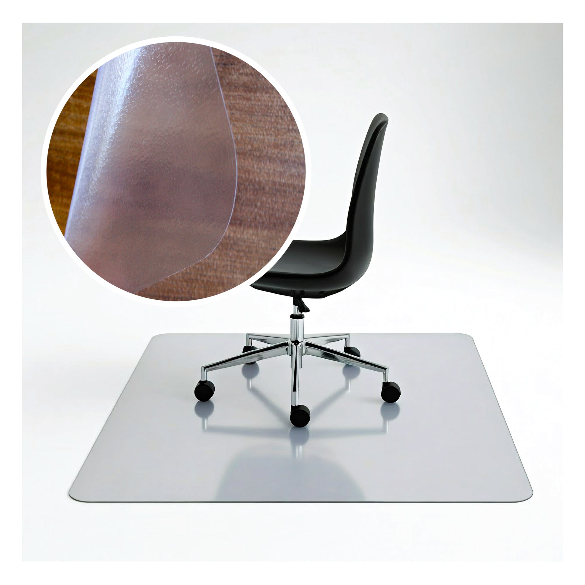 Universal PVC Chair Mat – For Hard Floors on a white background, with a circular inset showing a close-up of the mat’s textured surface.
