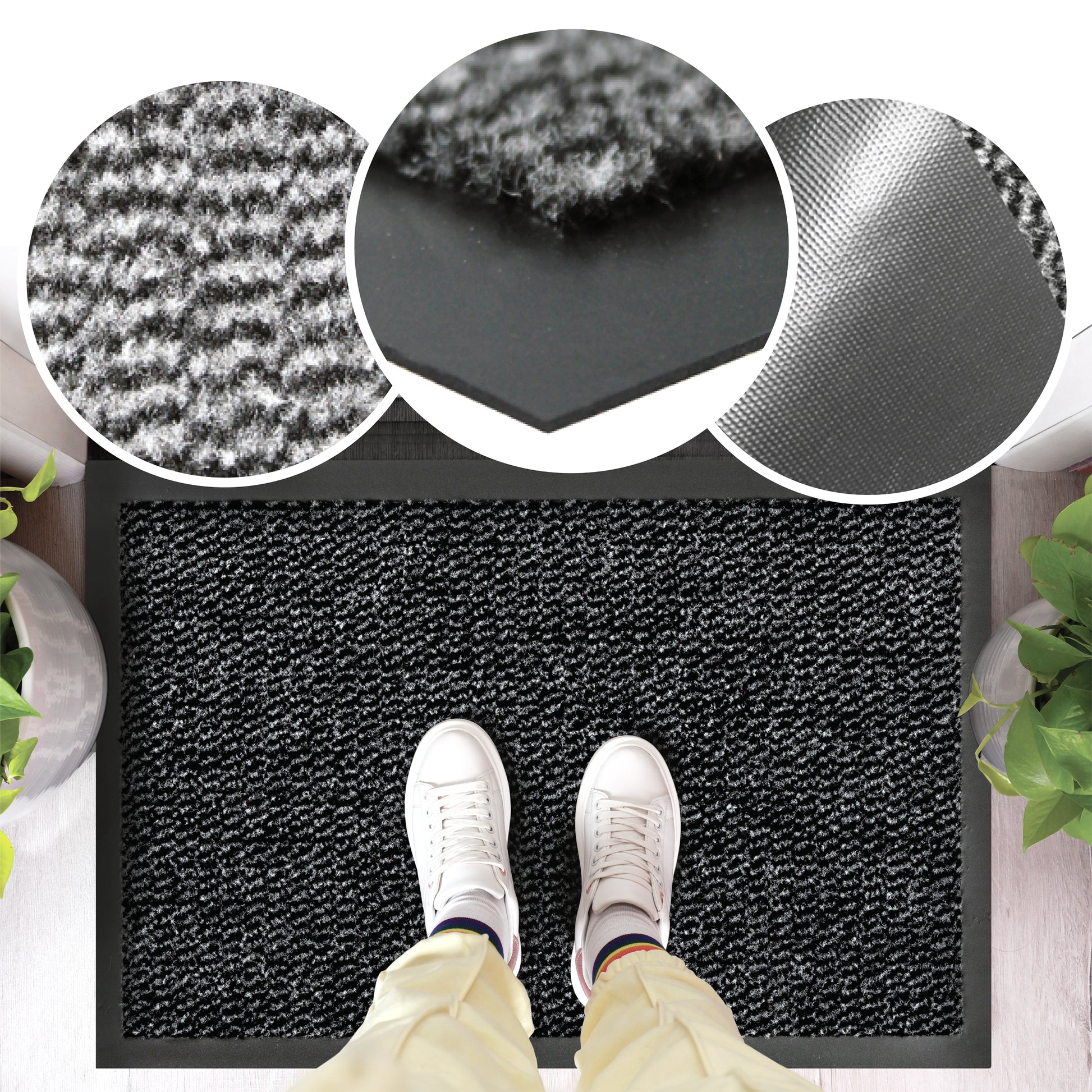Black doormat with textured surface, close-ups of material, and a person wearing white shoes stepping onto it.