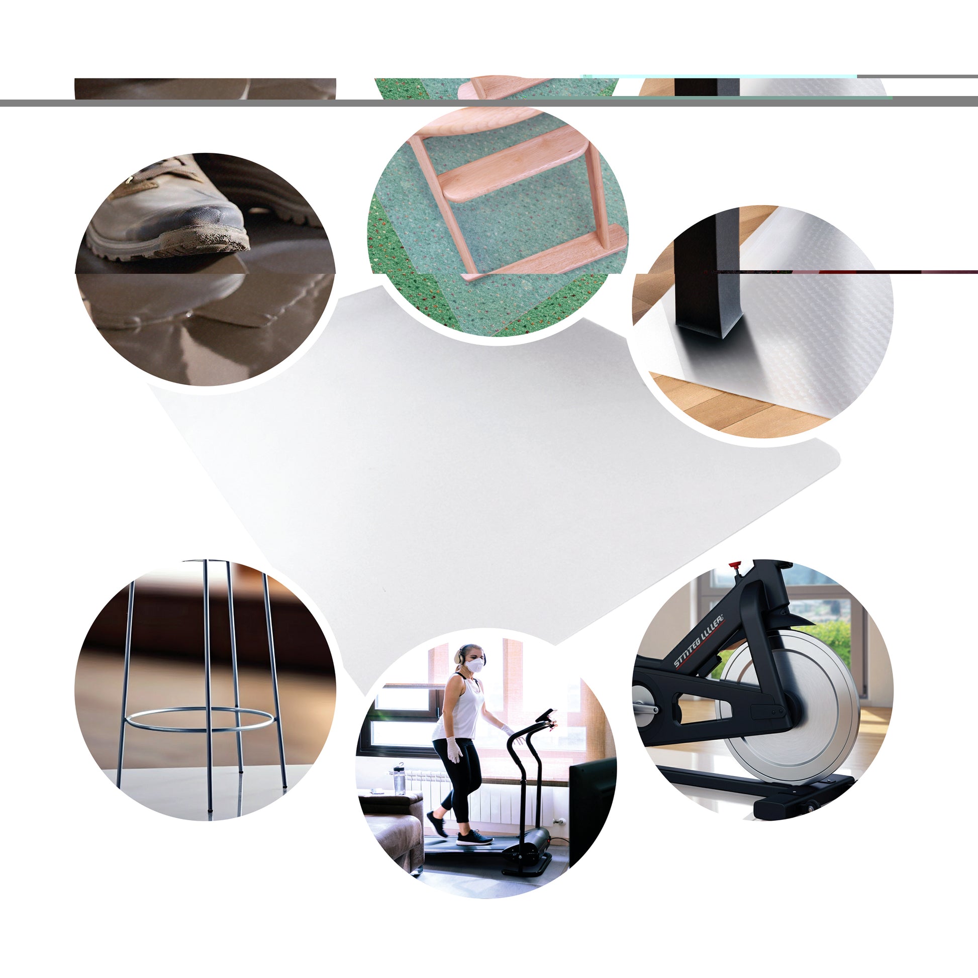 Universal Floor Protector on a white background with a wheel of circular icons showing lifestyle images of the mat used under a table, office chair, and gym equipment.