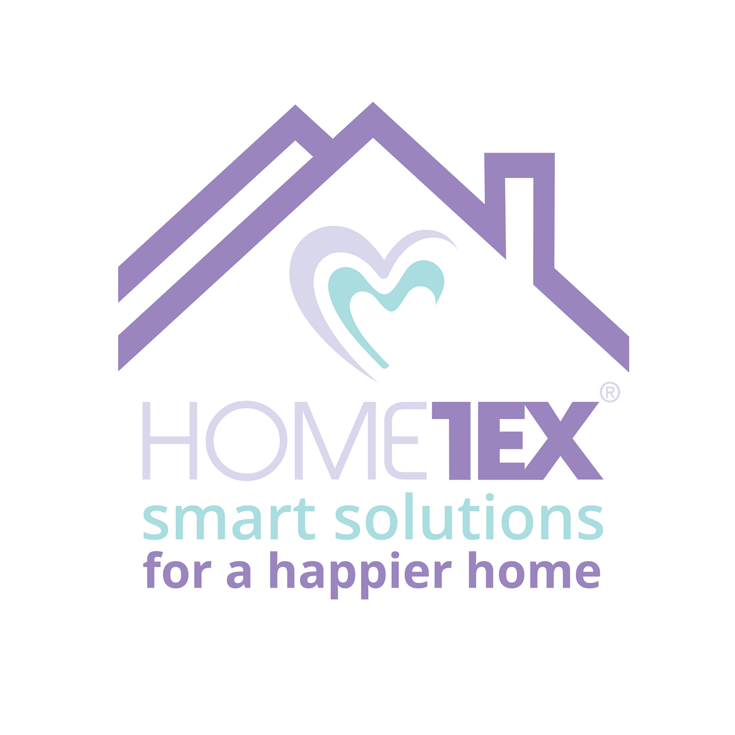 White background with a purple roof to represent a house with a blue heart underneath. Underneath the text it say's "Hometex - smart solutions for a happier home"