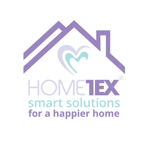 White background with a purple roof to represent a house with a blue heart underneath. Underneath the text it say's "Hometex - smart solutions for a happier home"