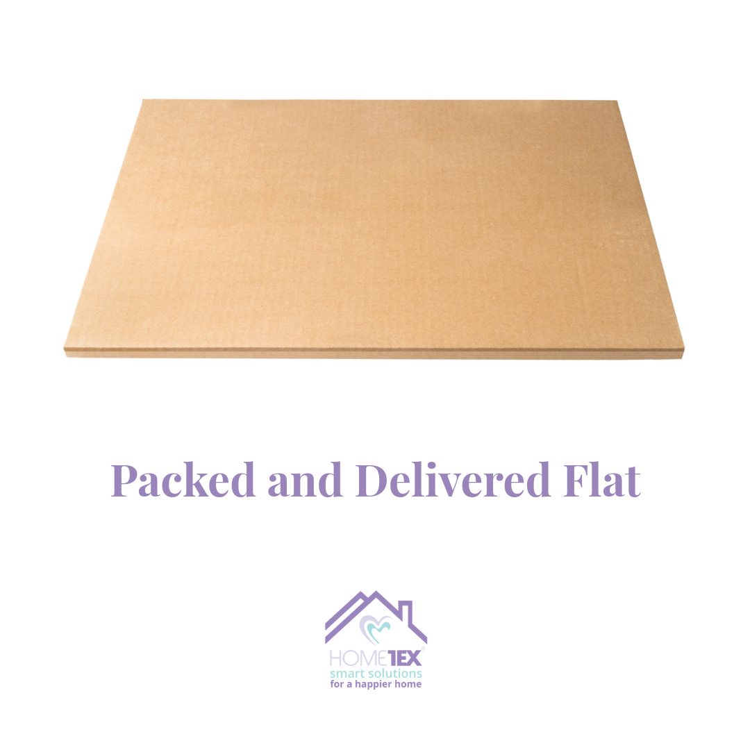 Flat cardboard box on a white background with text 'Packed and Delivered Flat' and the Hometex Solutions logo at the bottom.