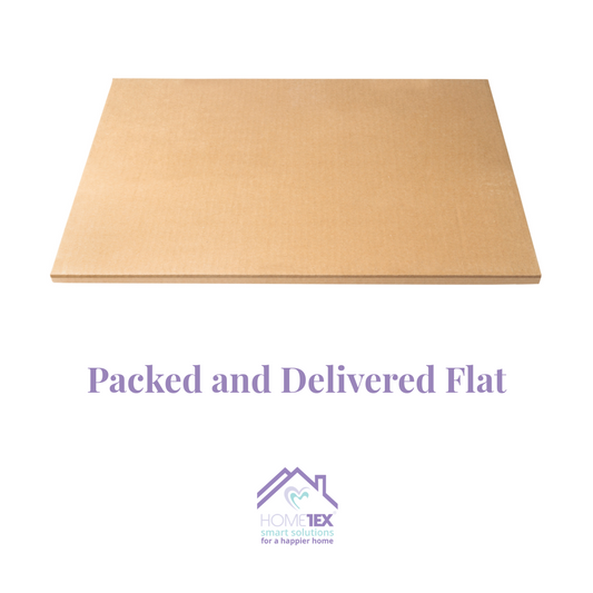 Flat cardboard box on a white background with text 'Packed and Delivered Flat' and the Hometex Solutions logo at the bottom.
