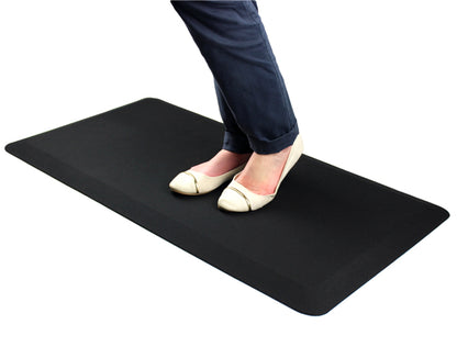Woman using a Hometex anti-fatigue comfort mat while wearing flat pumps