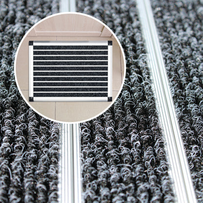 Detailed close-up of the durable fibres of the Hometex Premium Aluminium Indoor Entrance Mat, accompanied by a circular image of the full mat