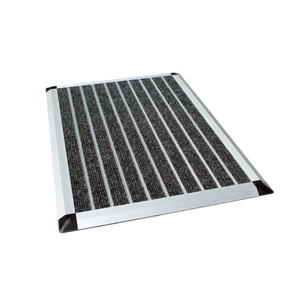Angled view of the Hometex Premium Aluminium Indoor Entrance Mat showcasing aluminium frame and textured surface on white background