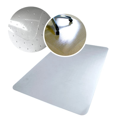 Premium Polycarbonate Chair Mat – For Standard Pile Carpets on a white background, with two circular insets showing close-up details of the durable polycarbonate material and textured surface for carpet grip.