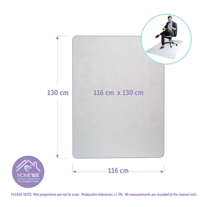 Size chart showing dimensions of the Hometex Solutions Premium Polycarbonate Chair Mat with Hometex logo in the corner and a small circular lifestyle image of a man sitting on an office chair on the mat.