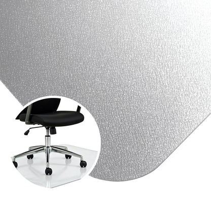 Close-up of the corner of the Premium Polycarbonate Chair Mat – For Hard Floors showing the textured surface, with a small circular lifestyle image inset.