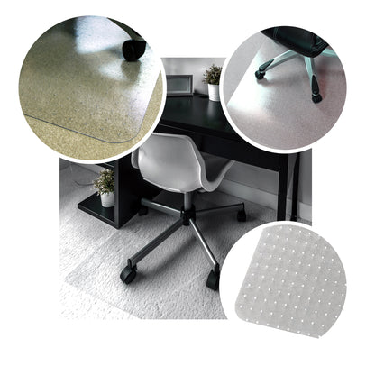 A composite image showing a clear polycarbonate chair mat with a textured top surface, placed on a carpeted floor under a chair. The mat is clear and appears durable, with images showing its use and features.