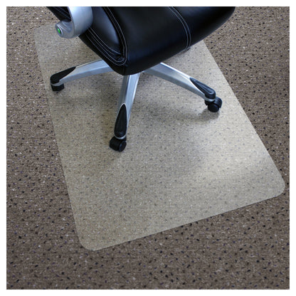 Lifestyle image of the Universal PVC Chair Mat – For Low Pile Carpets on carpet with a caster-wheel office chair positioned on top.