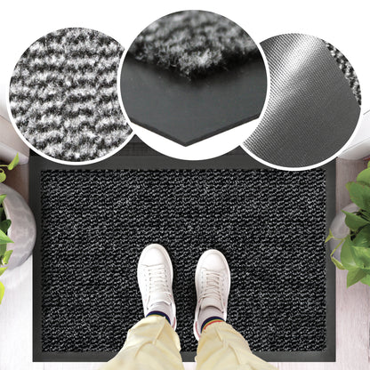 Black doormat with textured surface, close-ups of material, and a person wearing white shoes stepping onto it.