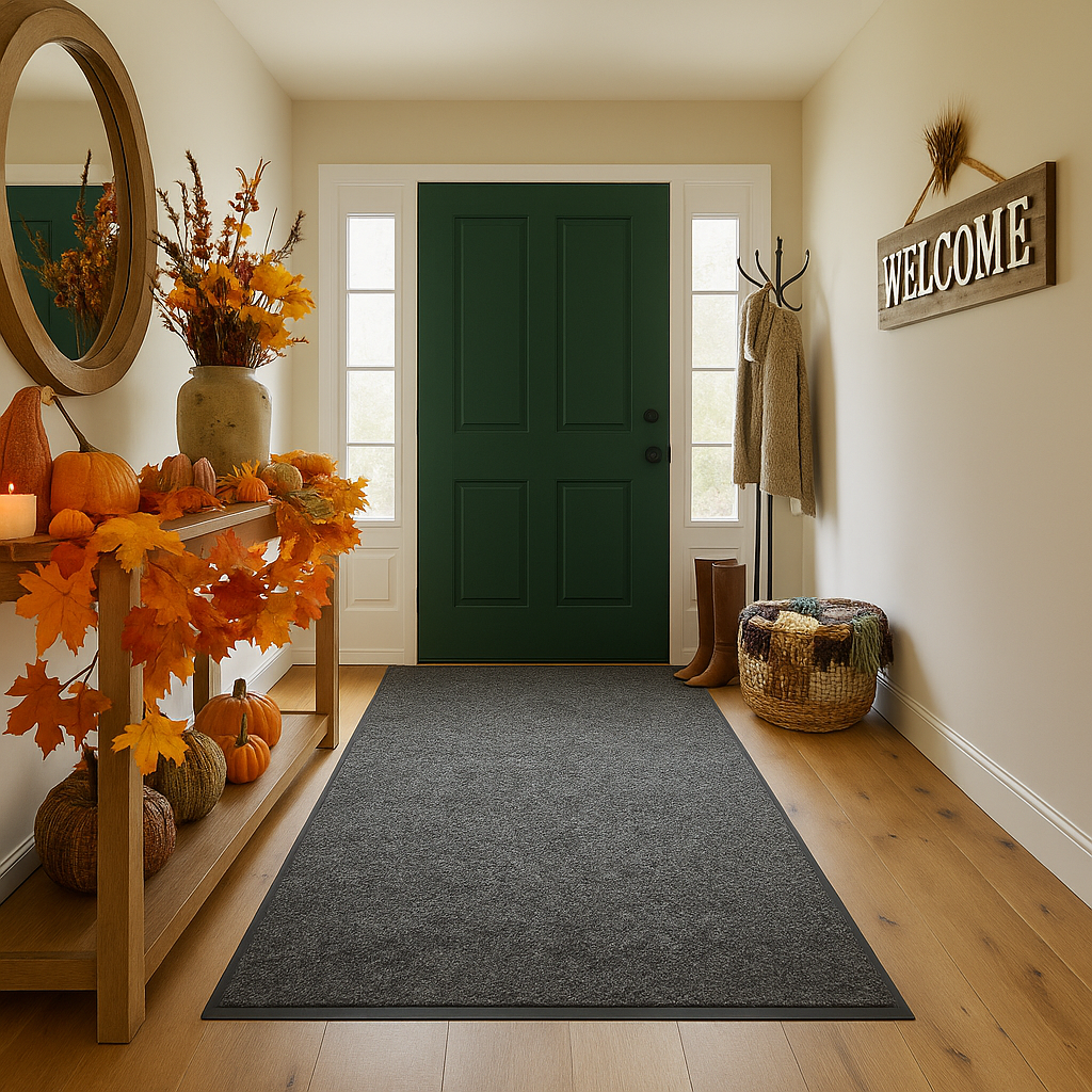 Foyer with a green door, decorative pumpkins, and autumn leaves on a shelf with a grey universal entrance mat on the floor. 