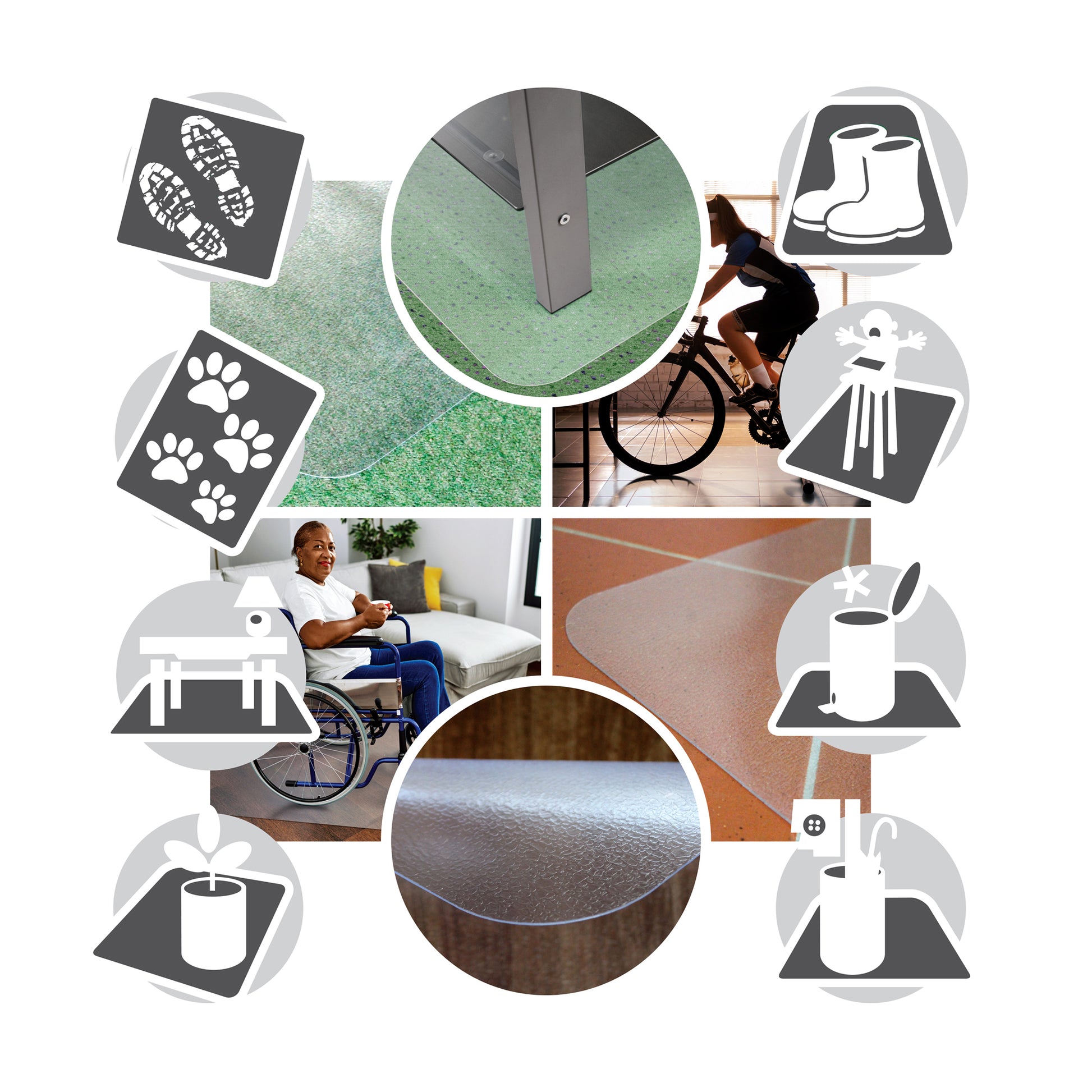 Four lifestyle images arranged in a square showing alternative uses of the Universal Floor Protector, including as a pet mat, shoe mat, bin mat, and furniture mat, with cartoon icons highlighting each use.