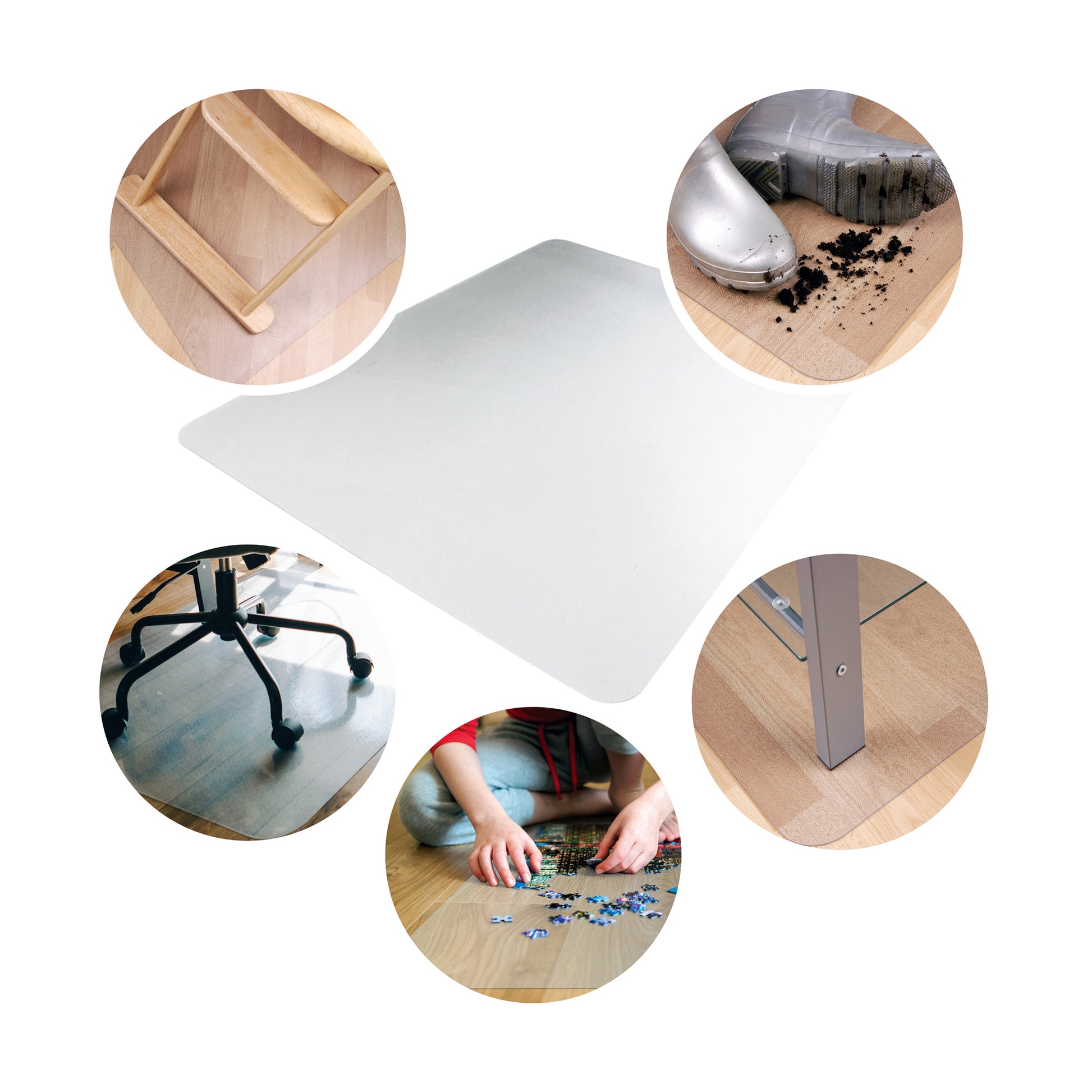 Universal Floor Protector on a white background with five circular icons showing lifestyle images of the mat used as a puzzle mat, table mat, shoe mat, and chair mat.