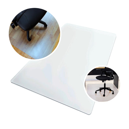 Clear PVC chair mat on a white background with two inset images of a chair on a chair mat on a wooden floor and another of a rolling castor chair at a desk on a chair mat.