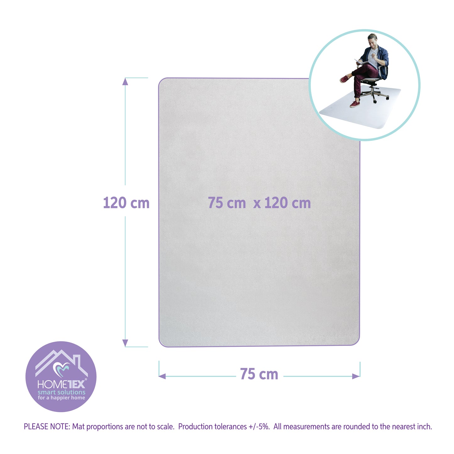 Measurement chart of a rectangular chair mat with dimensions 75 cm x 120 cm, featuring the Hometex® brand.