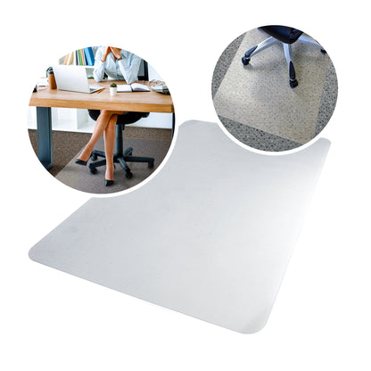 Clear PVC chair mat on a white background with two circles; one with someone sat at a desk on a chair mat mat and the other wise is of a chair mat with a castor chair on top of it. 